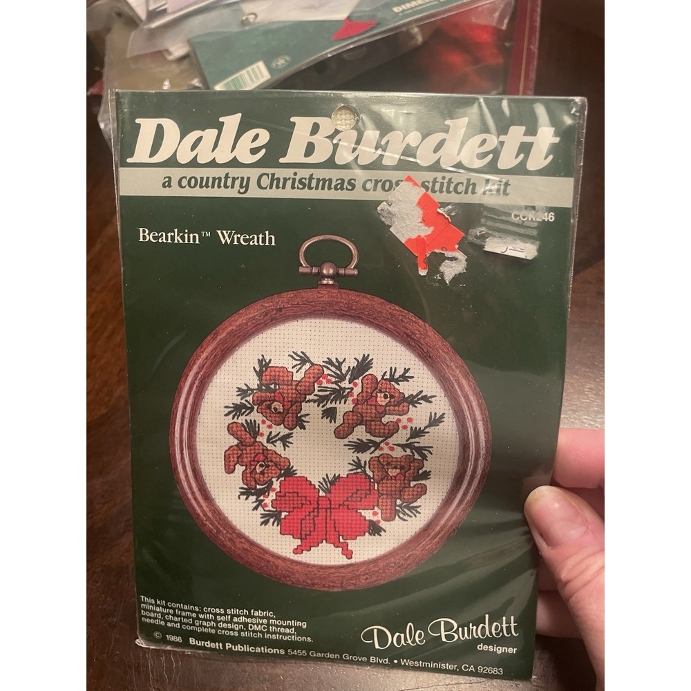 Vintage Dale Burdett Counted Cross Stitch Kit Bearskin Wreath w/frame